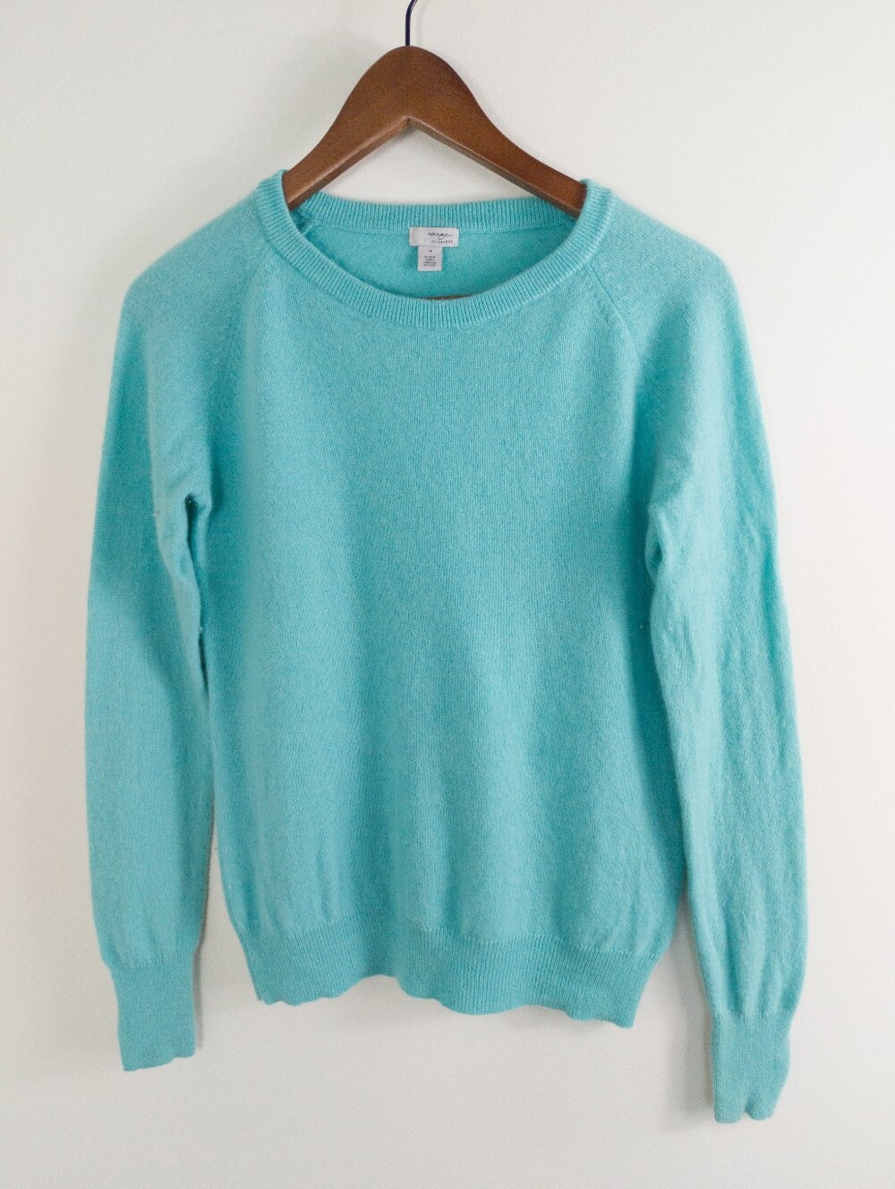 Halogen Cashmere Crewneck Sweater Medium Aqua Turquoise Blue Raglan Pullover